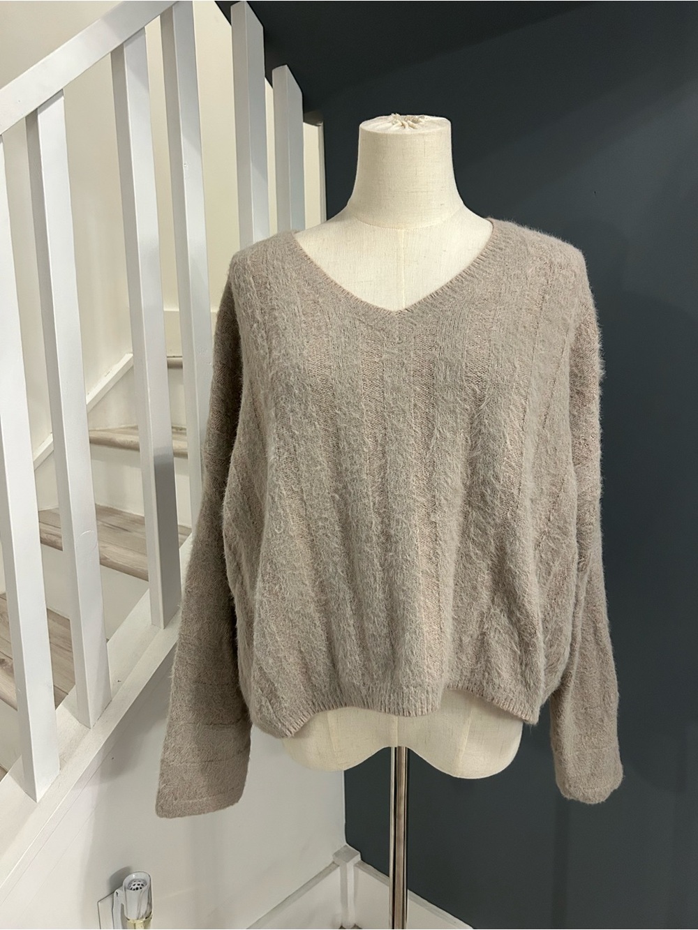OAK + FORT Soft Taupe Cozy V-Neck Sweater